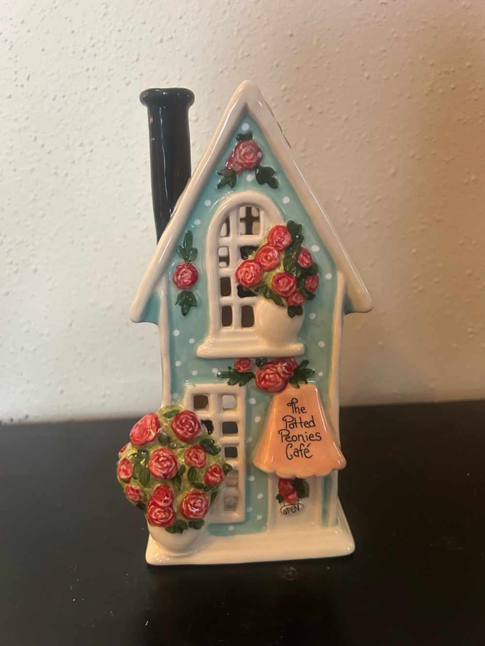 The Potted Peonies Cafe Ceramic Decorative House - Blue with Pink Roses
